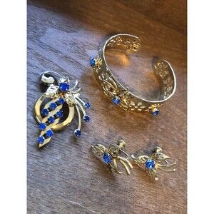 Vtg Mid-Century Blue Stone Cuff Bracelet Screwback Earrings Pin/pendant Set